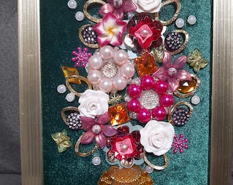 Jeweled framed jewelry art, bouquet, rhinestone decoration, home deco, gift.