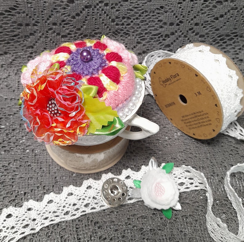 Crochet pincushion Flowers in the tea cup, needle pincushion, Crochet flowers, home decor pin cushion. image 3