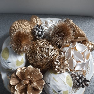 Golden and white set of Decorative balls for bowls, table centerpiece, home decor, bowl filler balls