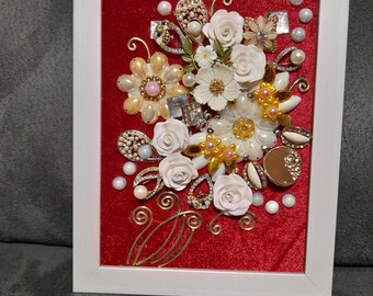 Jeweled framed jewelry art, bouquet, rhinestone decor, home decor, gift.