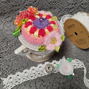 Crochet pincushion Flowers in the tea cup, needle pincushion, Crochet flowers, home decor pin cushion. image 4
