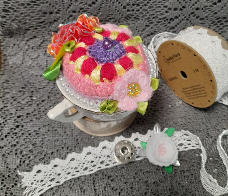 Crochet pincushion Flowers in the tea cup, needle pincushion, Crochet flowers, home decor pin cushion. image 4