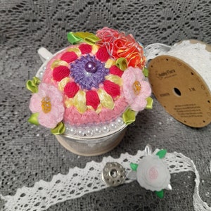 Crochet pincushion Flowers in the tea cup, needle pincushion, Crochet flowers, home decor pin cushion. image 5