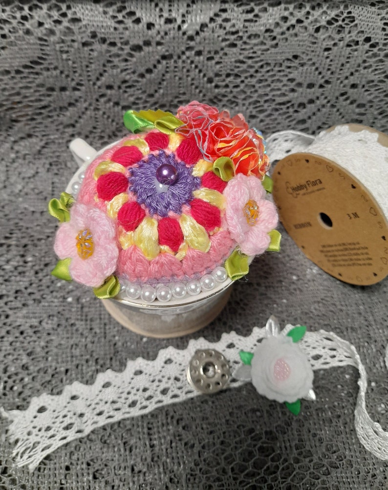 Crochet pincushion Flowers in the tea cup, needle pincushion, Crochet flowers, home decor pin cushion. image 5