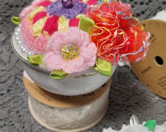 Crochet pincushion  "Flowers in the tea cup", needle  pincushion, Crochet flowers, home decor  pin cushion.