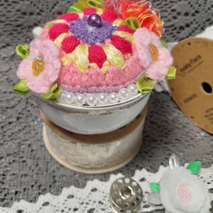 Crochet pincushion Flowers in the tea cup, needle pincushion, Crochet flowers, home decor pin cushion. image 2