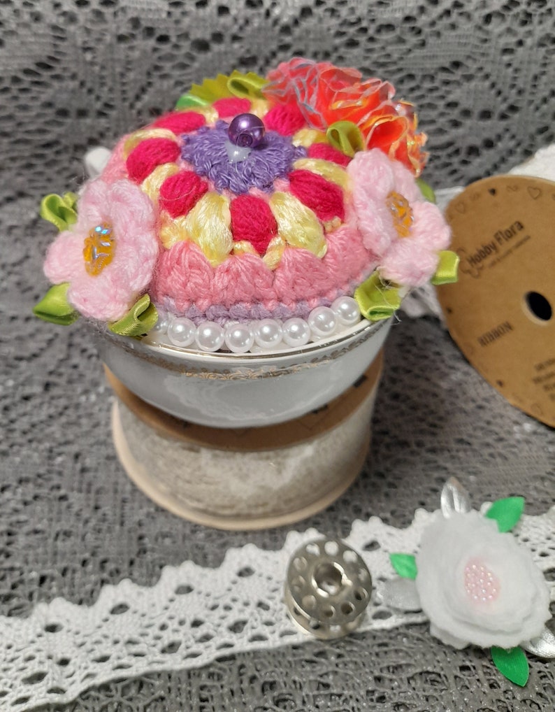 Crochet pincushion Flowers in the tea cup, needle pincushion, Crochet flowers, home decor pin cushion. image 2