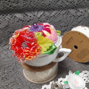 Crochet pincushion Flowers in the tea cup, needle pincushion, Crochet flowers, home decor pin cushion. image 6