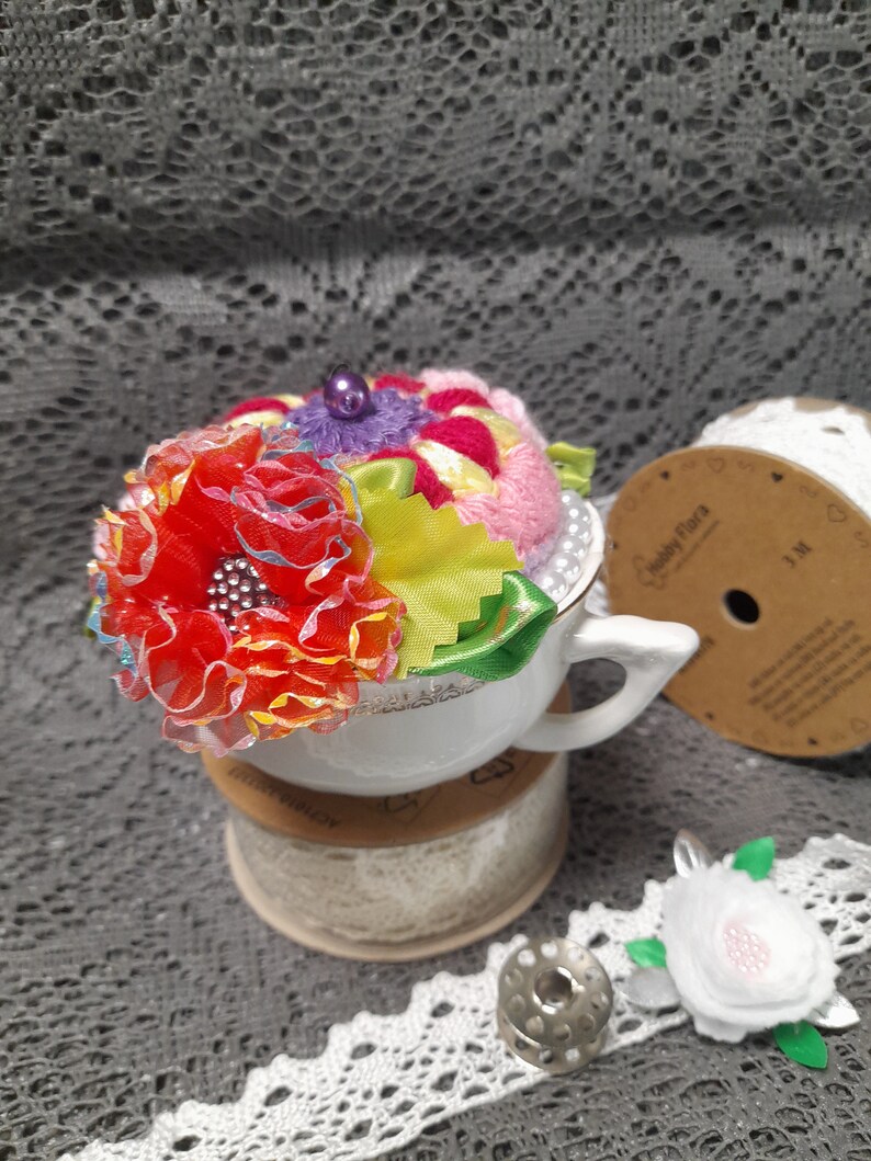 Crochet pincushion Flowers in the tea cup, needle pincushion, Crochet flowers, home decor pin cushion. image 6