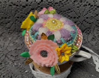Crochet pincushion "flowers in the tea cup",  needle pincushion, felt and satin ribbon flowers, home decor pin cushion
