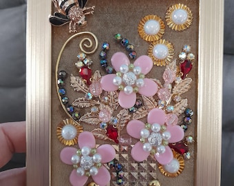 Jeweled framed jewelry art, bouquet flowers, rhinestone decoration, home deco, gift.