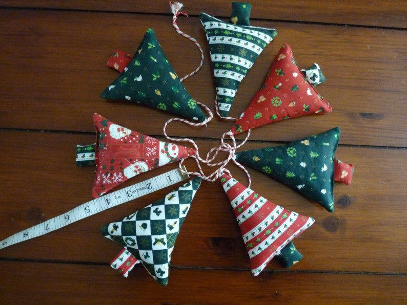 Mini Christmas trees garland made from seasonal fabrics. Etsy