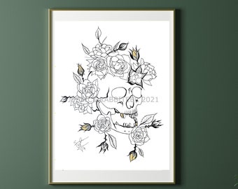 Skull and Roses Art PRINT, Black and White Art, Ink Drawing, Gothic Skull Macabre Rose