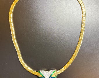 Collier vintage en cristal Attwood et Sawyer avec émail bleu et vert, 1980s