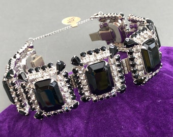 Bracelet noir et cristal des années 50 avec grosses pierres