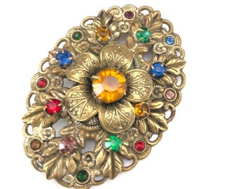 Broche antique tchèque en filigrane : épingle florale en verre et pierre des années 1920