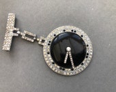 1920s French Art Deco Black Galalith Bakelite and Rhinestone Watch Brooch