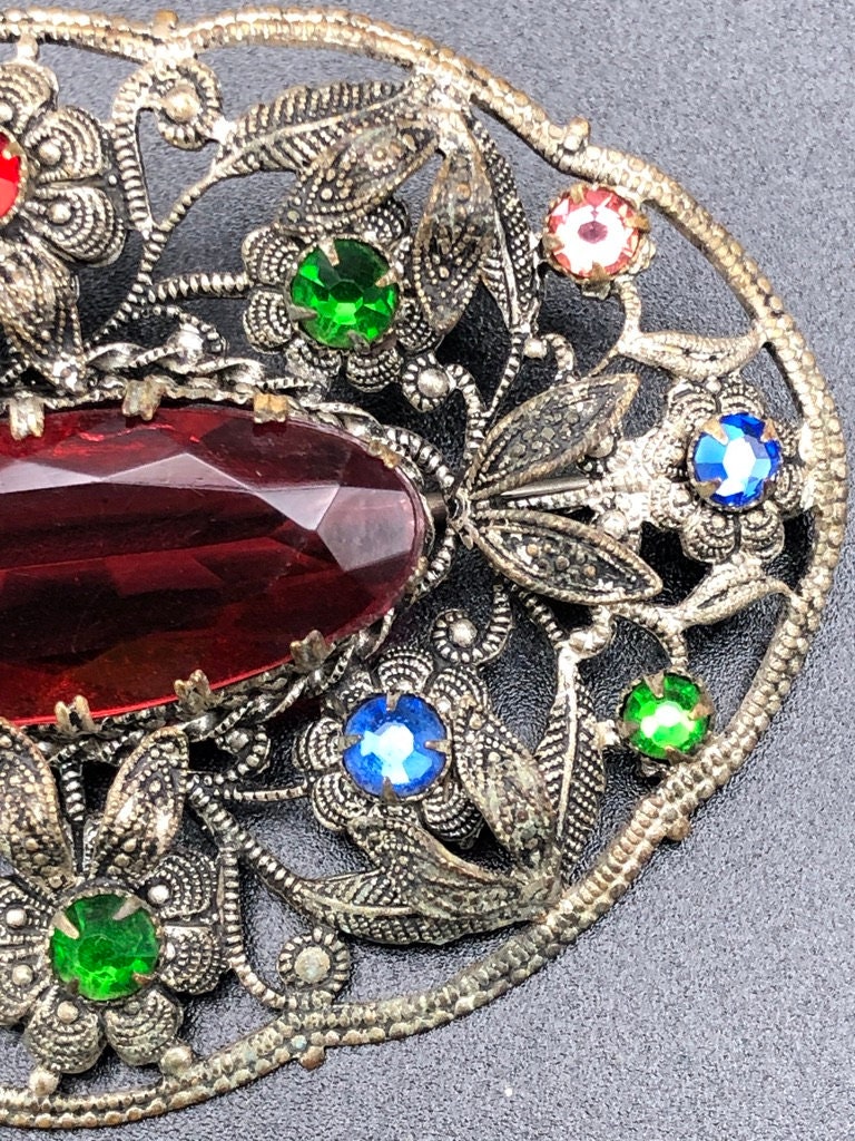 Antique Czech 1920s/30s Large Oval Filigree Brooch With