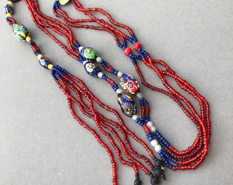 1920s Venetian Murano Millefiori and seed bead Necklace in Red and Blue