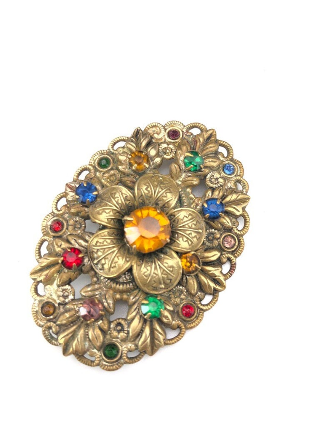 Antique Czech 1920s/30s Oval Filigree Brooch With Flowers