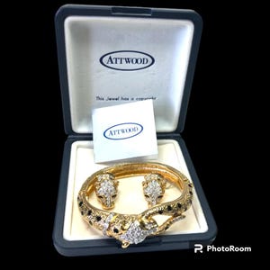 Attwood and Sawyer 1980s Leopard bracelet and Earrings in original box with guarantee