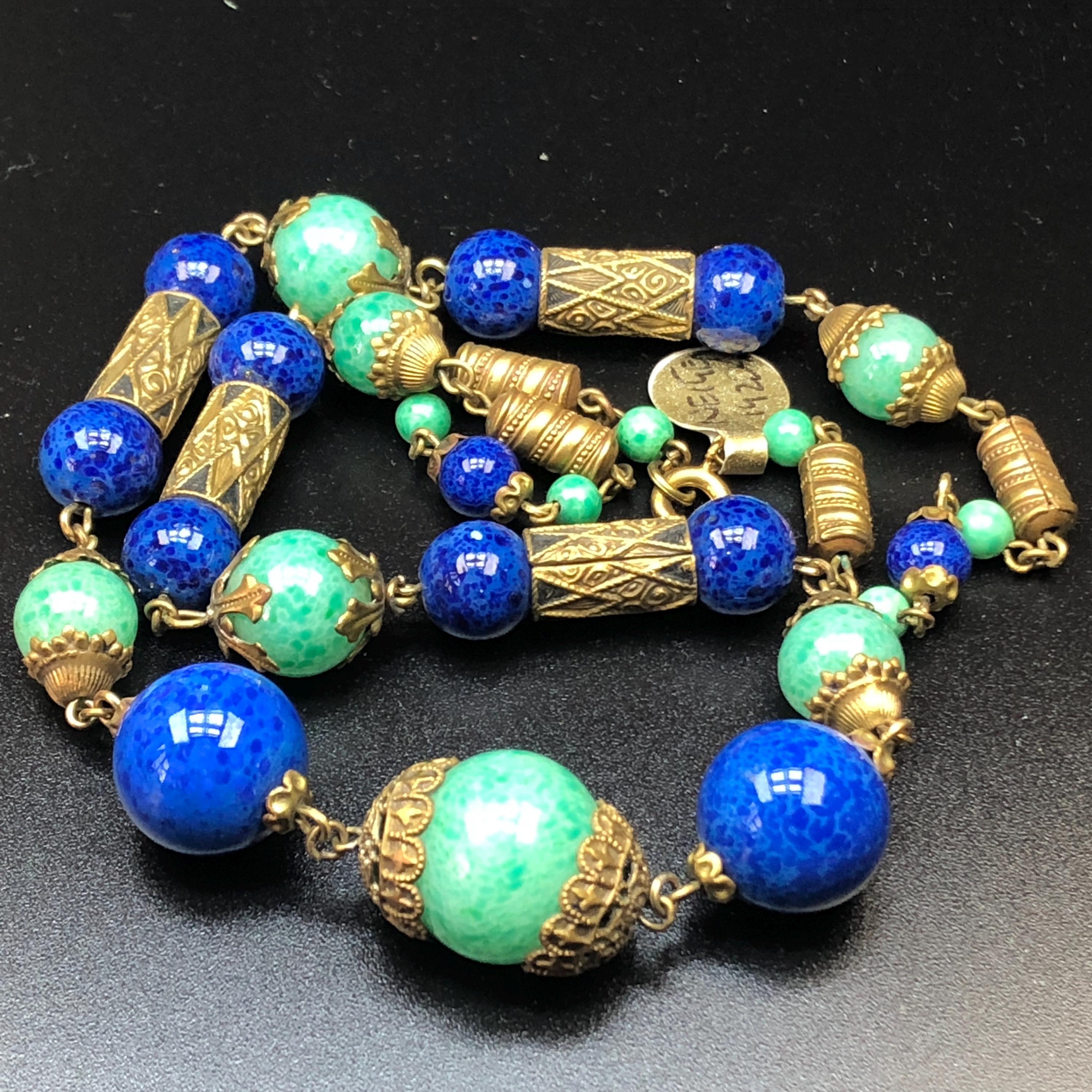 Neiger Brothers 1920s Czech Lapis Blue and Green Beaded Necklace