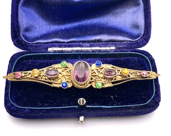 Tchèque édouardien/Austro-hongrois/? Broche en pierres multicolores en laiton métallique