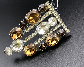 Réservé à Elaine - Grande pince à robe en pierre de verre topaze fumée vintage des années 1930