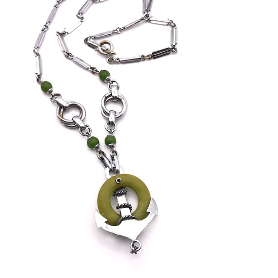 Collier Art Déco Jakob Bengel Années 1930 - Métal Chromé Et Galalithe Verte - Longueur 46 Cm