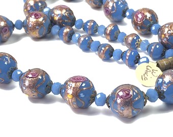 1920s Venetian Wedding Cake Bead Necklace: Cornflower Blue Roses
