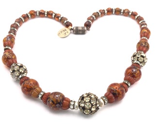 Louis Rousselet Collier Art Déco Antique en Verre Moucheté Orange et Métal Cristal Pierre