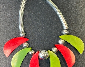 1920 Jakob Bengel Art déco, collier chromé galalithe rouge et vert (bakélite franco-allemande)