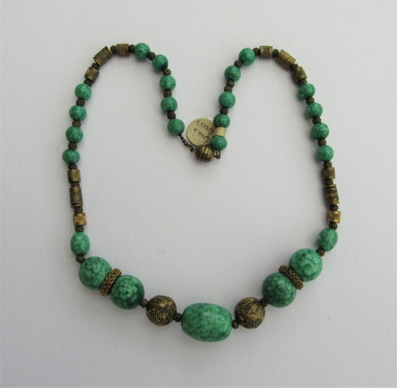 1920s Louis Rousselet Peking Green Glass Necklace