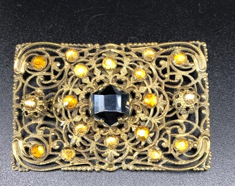 Broche Tchèque Antique en Filigrane : Pierre Noire, Topaze Dorée, 1920s