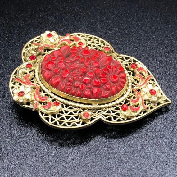 Vintage 1930s Czech Red glass and enamel flower D… - image 4