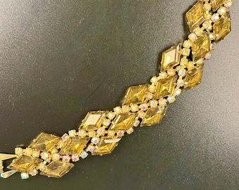 Bracelet Juliana Delizza & Elster vérifié des années 1950 - Pierres de verre topaze et aurore boréale