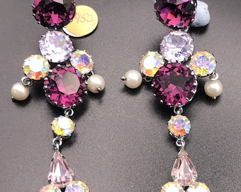 Boucles d'oreilles pendantes à vis vintage des années 50/60 violet/lilas/aurore boréale - Massive
