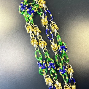 Chanel Archimede Seguso Vintage necklace in Blue and Green interlocking Murano glass tubes, silver and gold chain links