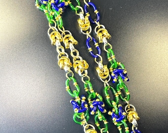 Collier vintage Archimede Seguso Chanel en tubes de verre de Murano emboîtés bleus et verts, maillons de chaîne en argent et en or