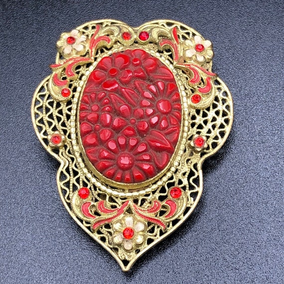 Vintage 1930s Czech Red glass and enamel flower D… - image 1