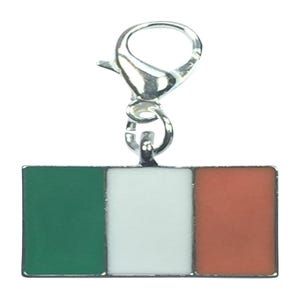 May include: A rectangular charm depicting the Irish flag, with green, white, and orange vertical stripes. The charm is attached to a silver-coloured clasp. A jewelry accessory.