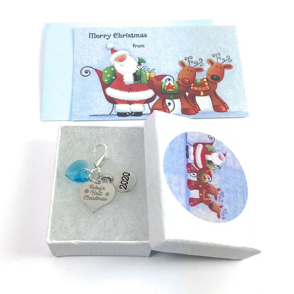 Baby's First Christmas 2020 Clip On Charm with Blue Crystal comes with 3 Different Gift Options and a Gift Card - Baby Boy