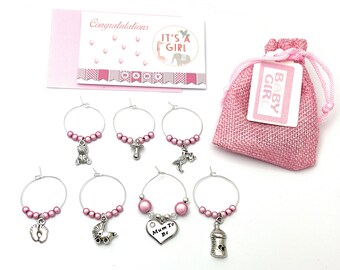 Set of 7 It's a Girl Baby Shower Party Glass Charms with Congratulations Gift Card