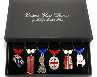 Great Britain Wine Glass Charms, British Icons, Set of 6