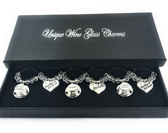 Set of 6 Wedding Top Table Wine Glass Charms with Gift Box