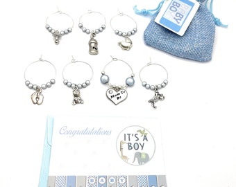 Set of 7 It's a Boy Baby Shower Party Glass Charms with Congratulations Gift Card