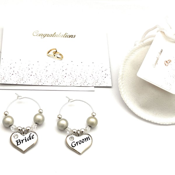 Set of 2 Bride and Groom Glass Charms with White Velvet Gift Bag and Gift Card