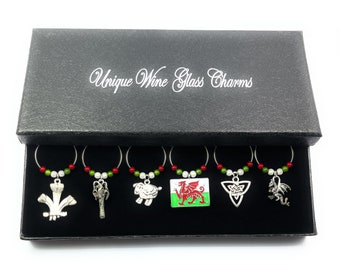 Wales Welsh Wine Glass Charms, Dragon, Daffodil, Leek, Celtic Knot Drink Markers