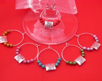 Set of 6 Handmade Butterfly Squares Wine Glass Charms