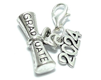 Graduation 2024 - Graduation Diploma Clip on Charm with 2024 Charm and Graduation Gift Card - 3 Gift Options